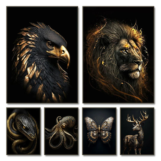Black Gold Animals Canvas Painting