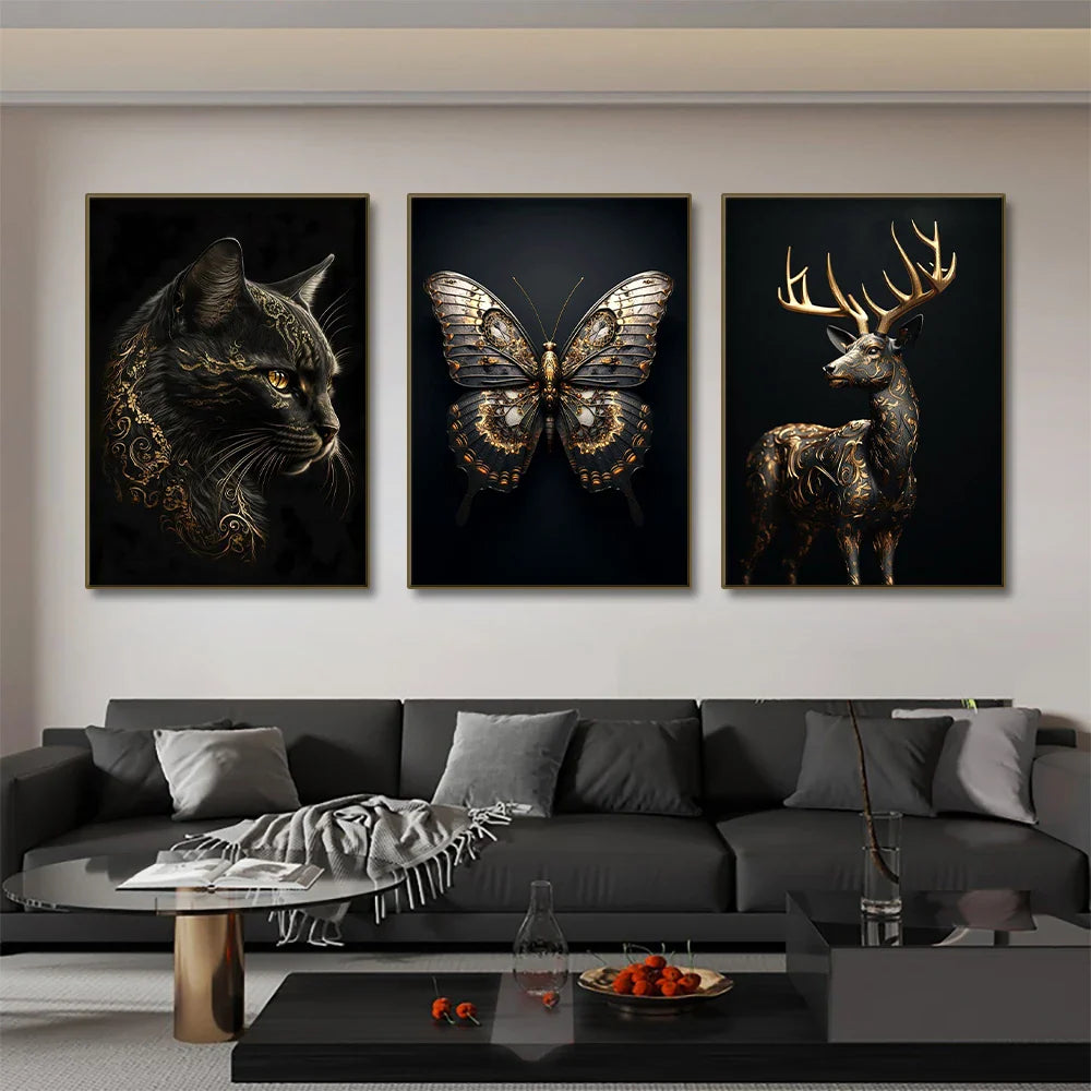 Black Gold Animals Canvas Painting
